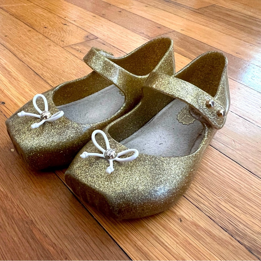 Mini Melissa Toddler Girl Gold Sparkle Bow Mary Jane Flat